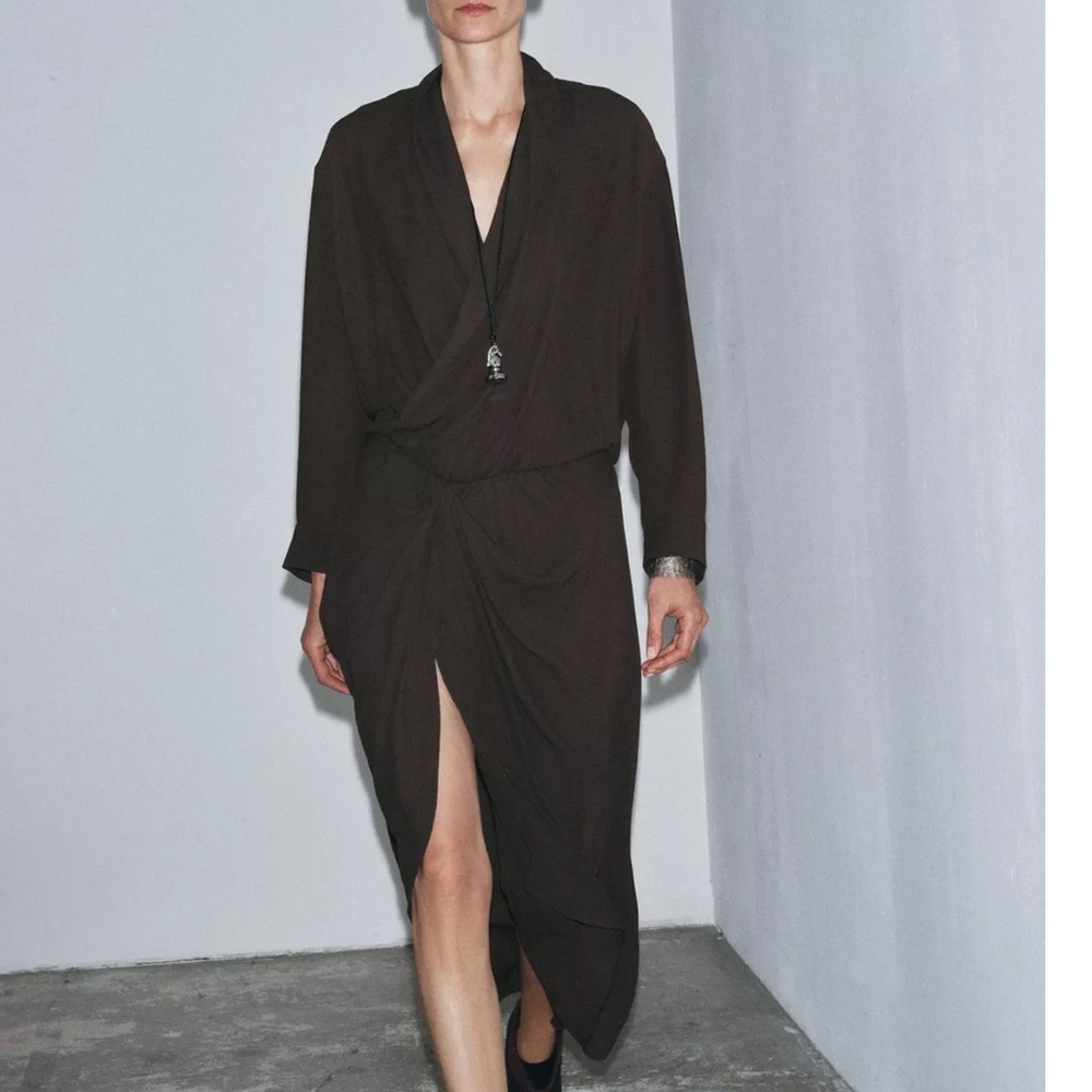 Zara NWT dark gray knot twist ruched flowy midi dress - Picture 6 of 9